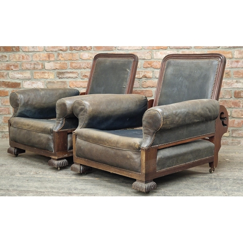 1361 - Pair of antique reclining armchairs with studded leather upholstery, H 87cm x W 90cm x D 94cm (2)