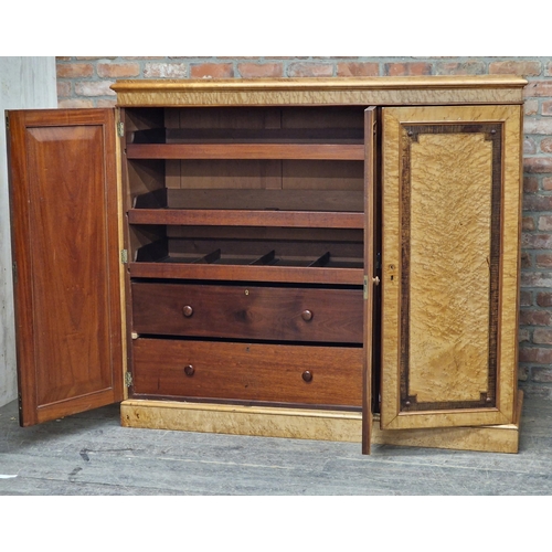 1363 - Good quality Victorian birds eye maple three door compactum wardrobe with fitted interior, H H 152cm... 