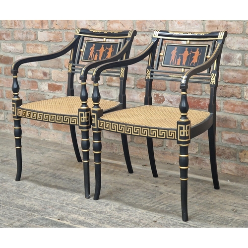 1193 - Pair of Regency style ebonised armchairs with cane seats and gilt detail, H 83cm x W 52cm x D 53cm (... 