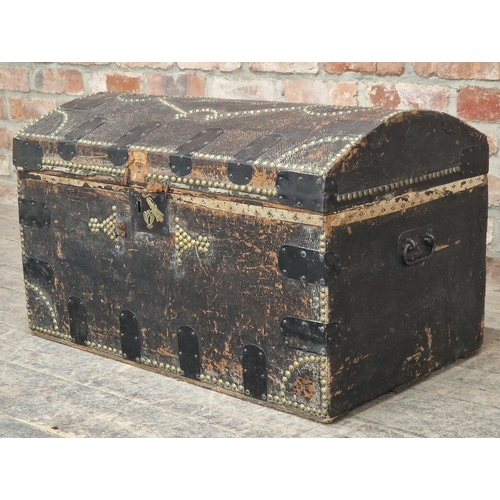 1194 - Victorian leather dome top travelling trunk with iron banding and studded detail, H 46cm x W 76cm x ... 