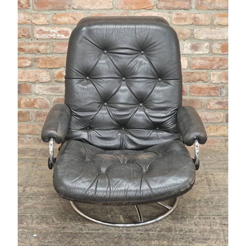 1195 - Pieff - Vintage chrome and leather button back reclining swivel chair, H 92cm x W 78cm x D 83cm