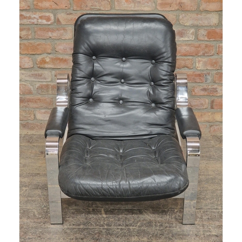 1198 - Pieff - Vintage chrome and leather button back reclining armchair, H 82cm x W 74cm x D 91cm