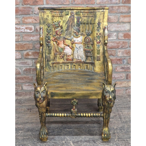 1199 - 20th century Egyptian style throne chair with carved detail raised on paw feet, H 102cm x W 65cm x D... 