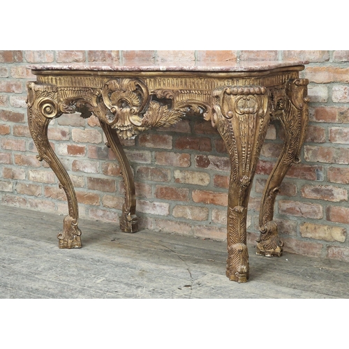 1200 - Good quality antique French Baroque gilt serpentine console table with marble top and profusely carv... 