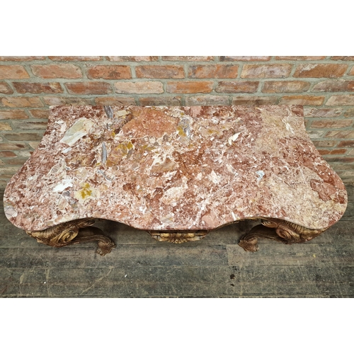 1200 - Good quality antique French Baroque gilt serpentine console table with marble top and profusely carv... 