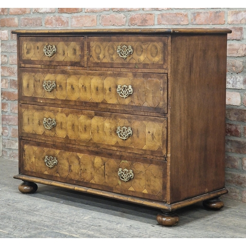 1201 - Good quality early 18th century walnut oyster veneered chest of two short over three long drawers, H... 