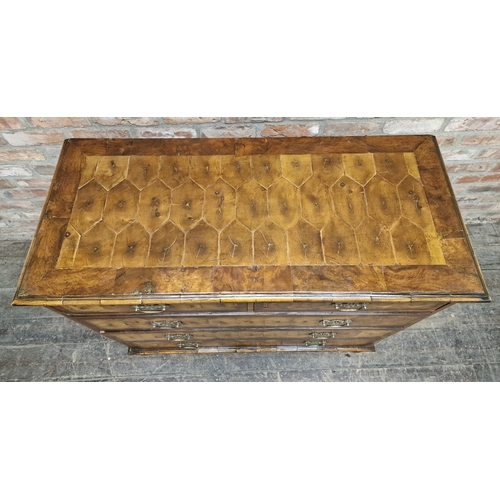 1201 - Good quality early 18th century walnut oyster veneered chest of two short over three long drawers, H... 