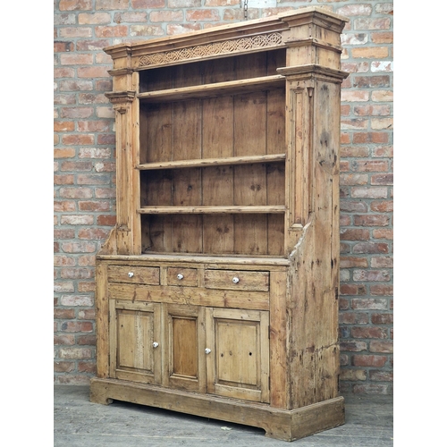 1206 - Good antique pine kitchen dresser fitted with three drawers and two cupboard doors, H 222cm x W 157c... 