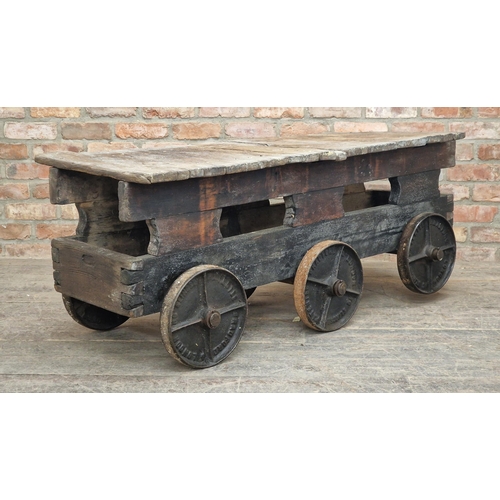 1207 - Good quality late 19th century iron sliding wheel truck with planked top, by Harry Crowther Slingsby... 