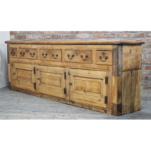 1208 - Good large antique Georgian pine dresser fitted with five drawers and three cupboard doors, H 86cm x... 