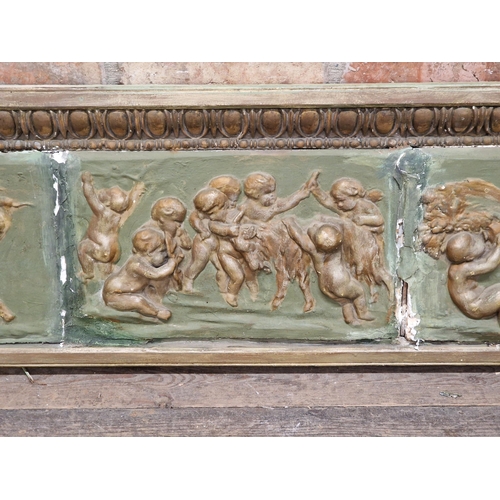 1212 - Antique gesso wall panel with cherub relief and darted border, H 32cm x W 235cm x D 5cm