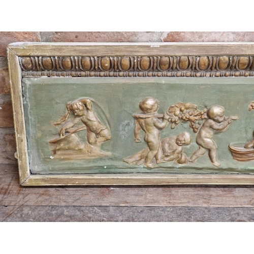 1212 - Antique gesso wall panel with cherub relief and darted border, H 32cm x W 235cm x D 5cm