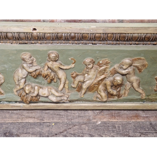 1212 - Antique gesso wall panel with cherub relief and darted border, H 32cm x W 235cm x D 5cm