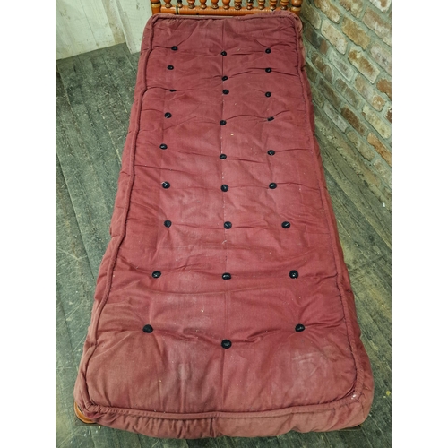 1213 - Antique Indian day bed with loose cushion, H 122cm x W 196cm x D 86cm