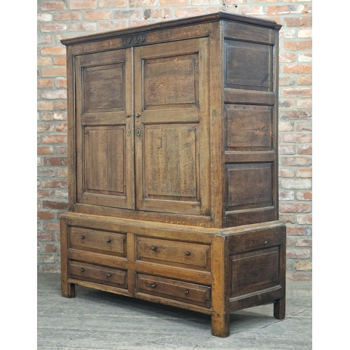 1214 - 18th century oak two sectional housekeepers cupboard, H 182cm x W 151cm x D 59cm