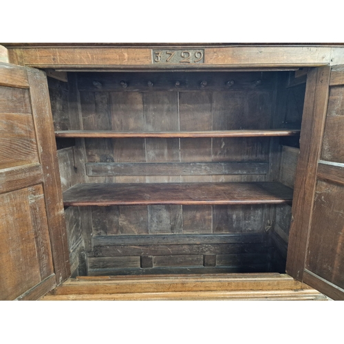 1214 - 18th century oak two sectional housekeepers cupboard, H 182cm x W 151cm x D 59cm