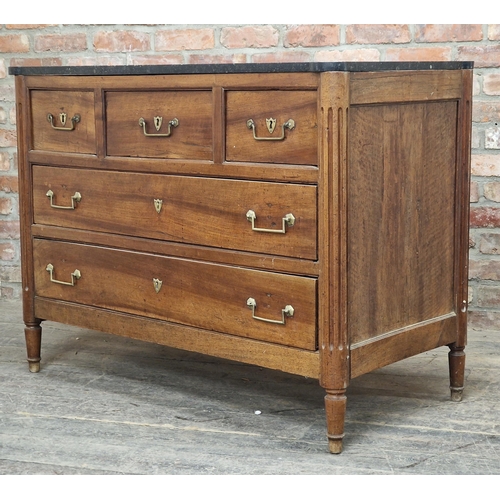 1216 - 19th century French walnut commode with marble top, H 94cm x W 127cm x D 62cm