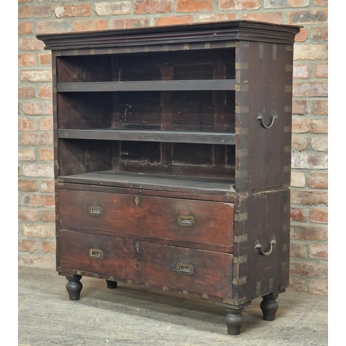 1217 - 19th century two sectional brass bound military chest fitted with two drawers, two shelves and shape... 