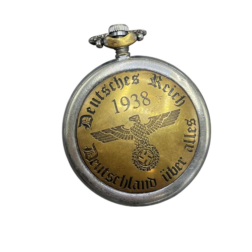 221 - Junghans Third Reich chrome and brass hunter pocket watch, the case engraved with eagle over swastik... 