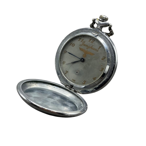 221 - Junghans Third Reich chrome and brass hunter pocket watch, the case engraved with eagle over swastik... 