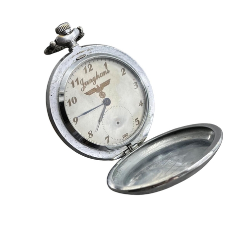 221 - Junghans Third Reich chrome and brass hunter pocket watch, the case engraved with eagle over swastik... 