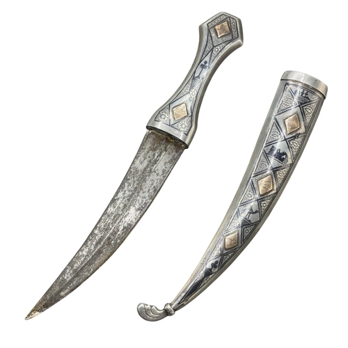 82 - 20th century niello silver Jambiya dagger, with five engraved gold panels, steel blade, 34cm long