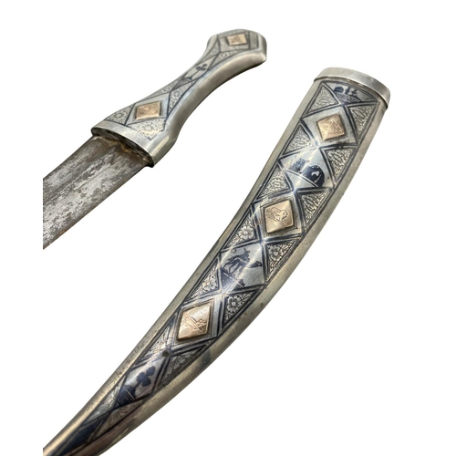 82 - 20th century niello silver Jambiya dagger, with five engraved gold panels, steel blade, 34cm long