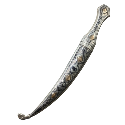 82 - 20th century niello silver Jambiya dagger, with five engraved gold panels, steel blade, 34cm long