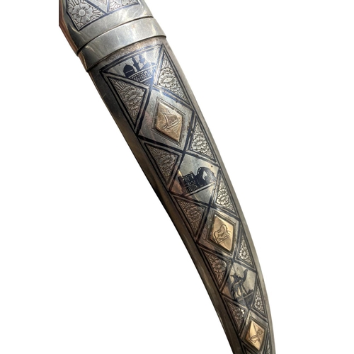 82 - 20th century niello silver Jambiya dagger, with five engraved gold panels, steel blade, 34cm long