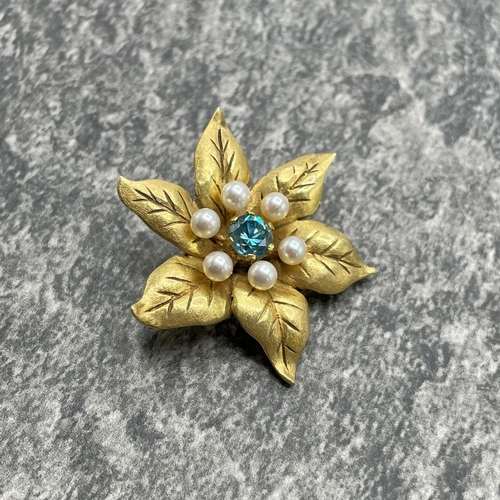 71 - 9ct Yellow gold seed pearl and blue zircon naturalistic flower brooch, hallmarked for London 1967, 3... 