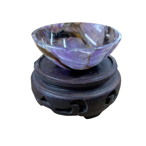 243 - Miniature amethyst bowl Grand Tour souvenir, atop later carved Chinese stand, bowl H 2cm X D 5.5cm