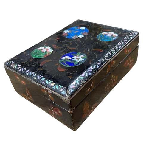 291 - 19th century black lacquered box with butterfly wing circular panels fronted by enamel floral detail... 