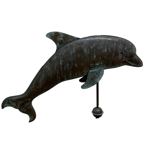 548 - Good early 20th century copper weather vane in the form of a dolphin raised on a support with two sp... 