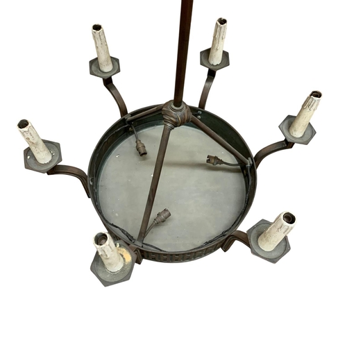 1124 - Large early 20th century brass electrolier with six light exterior extending from a circular frame w... 