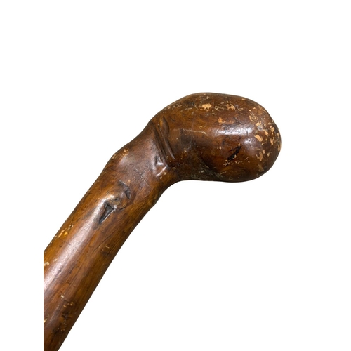 676 - Carved folk art walking stick, possibly Scandinavian, depicting a bearded man and twin duck heads, H... 