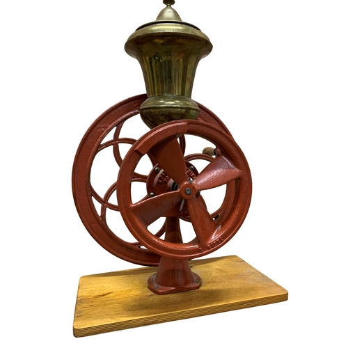 559 - Large Z. Parkes 'Vortex No. 1' cast iron and brass coffee mill grinder, H 66cm x W 45cm