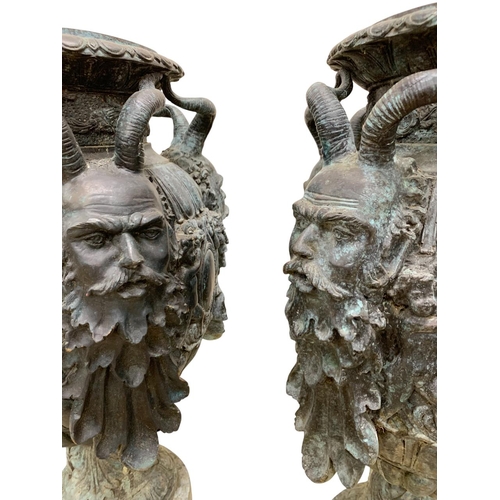 280 - Impressive pair of large Italian Neoclassical patinated bronze urns, depicting Dionysus (Bacchus) in... 