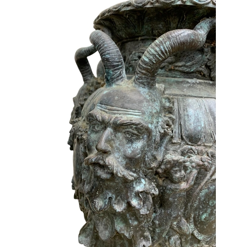 280 - Impressive pair of large Italian Neoclassical patinated bronze urns, depicting Dionysus (Bacchus) in... 