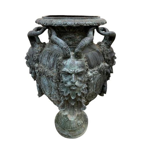 280 - Impressive pair of large Italian Neoclassical patinated bronze urns, depicting Dionysus (Bacchus) in... 