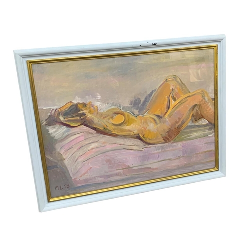 1458 - Meike Lipp (b. 1955) reclining nude female portrait, signed and labels to verso, oil on board, 100cm... 