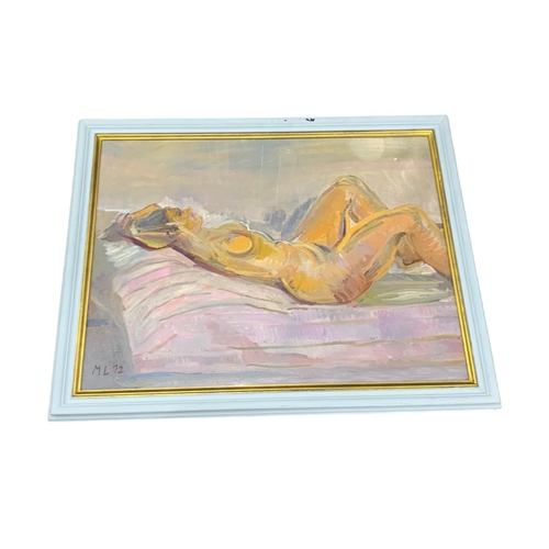 1458 - Meike Lipp (b. 1955) reclining nude female portrait, signed and labels to verso, oil on board, 100cm... 