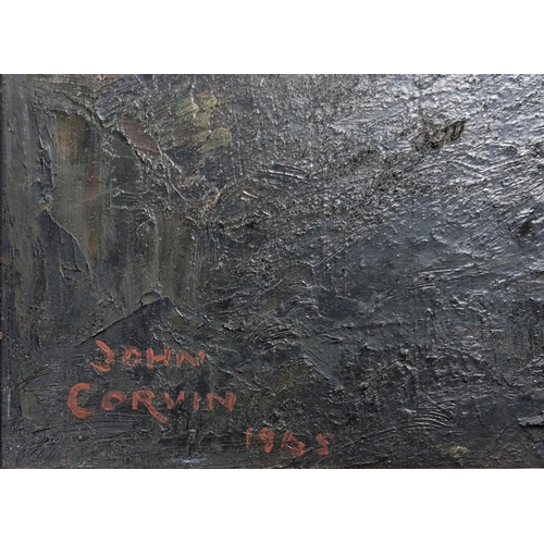 1459 - John Corvin (1924-2020) - Industrial scene with figure down a mine, signed and dated 1965, oil on bo... 