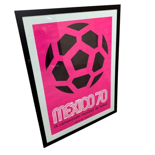 712 - Football - 1970 Mexico FIFA World Cup official tournament poster, with the ball emblem on pink groun... 