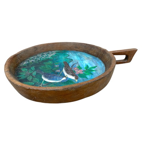 509 - Vintage wooden bread dough proving dish / pan, painted with birds perched among blossoming branches,... 