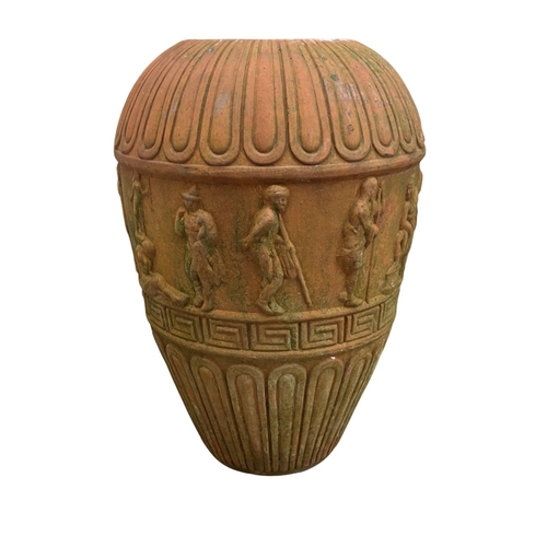 1397 - Weathered terracotta urn with classical figural relief and Greek key detail, H 57cm x W 38cm