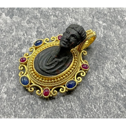 41 - Unusual and rare 22ct Grand Tour pendant, fitted with a Roman bronze bust and framed by ruby and sap... 