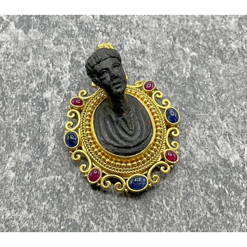 41 - Unusual and rare 22ct Grand Tour pendant, fitted with a Roman bronze bust and framed by ruby and sap... 