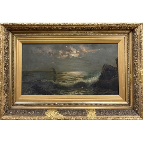 1609 - 19th Century School - Seascape with yacht close to shore, unsigned, indistinct inscription to revers... 