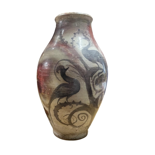 450 - Raku style pottery vase decorated with exotic birds perched on spiralling branches, H 29cm, a/f