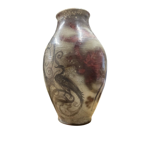 450 - Raku style pottery vase decorated with exotic birds perched on spiralling branches, H 29cm, a/f